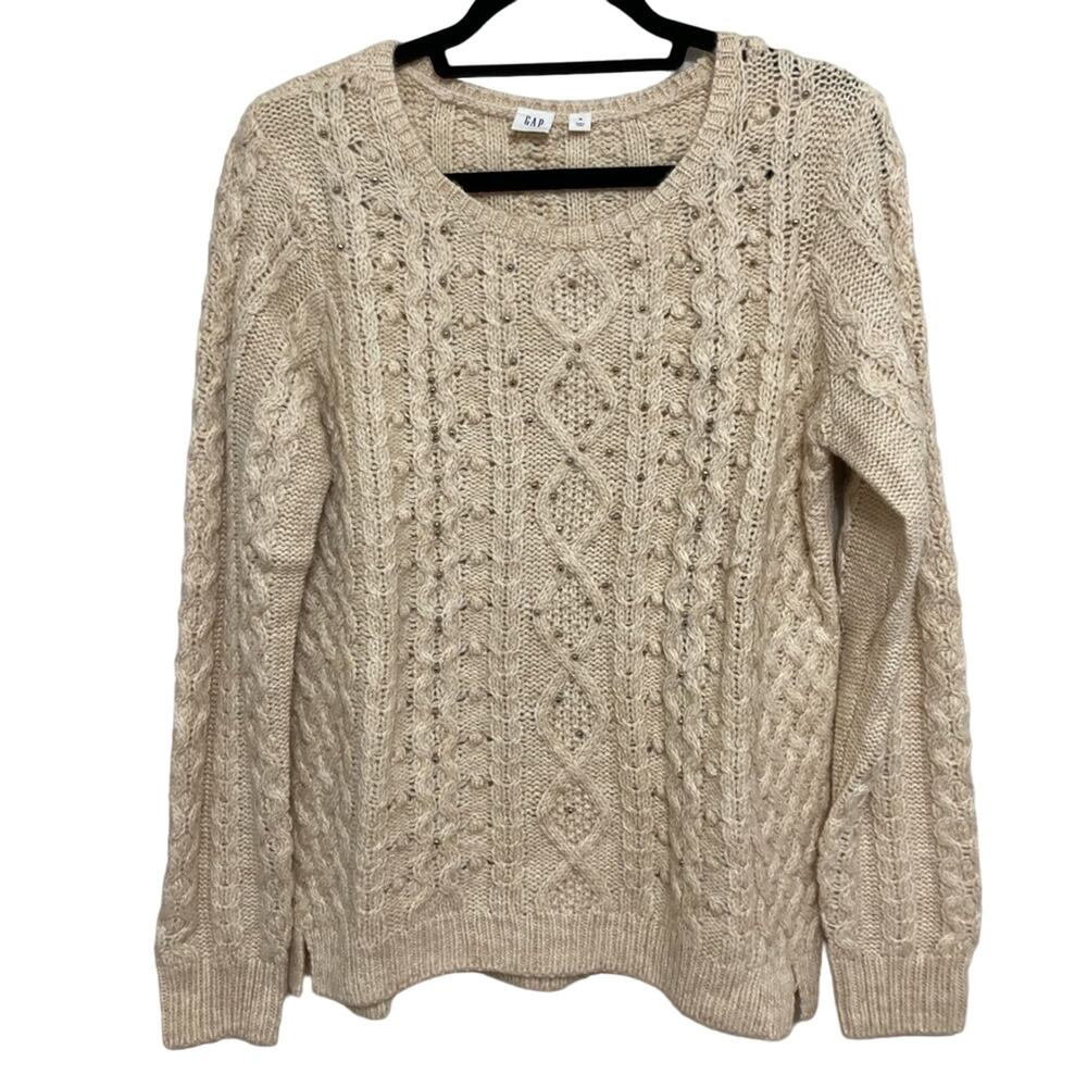 GAP Wool Alpaca Blend Cable Knit Beaded Sweater in Sand Khaki - Size M